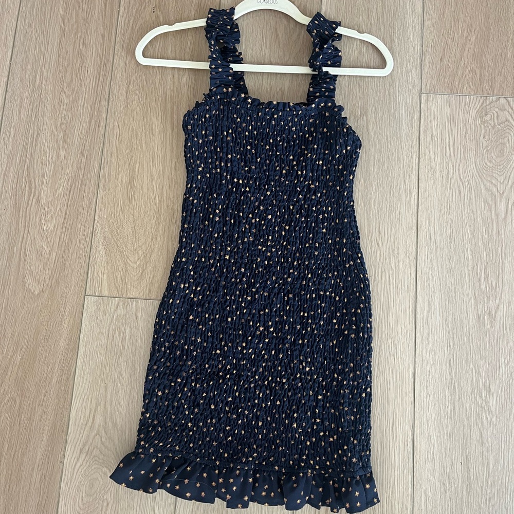 Dress Forum Navy Blue Ruffle Dress with Polka Dots